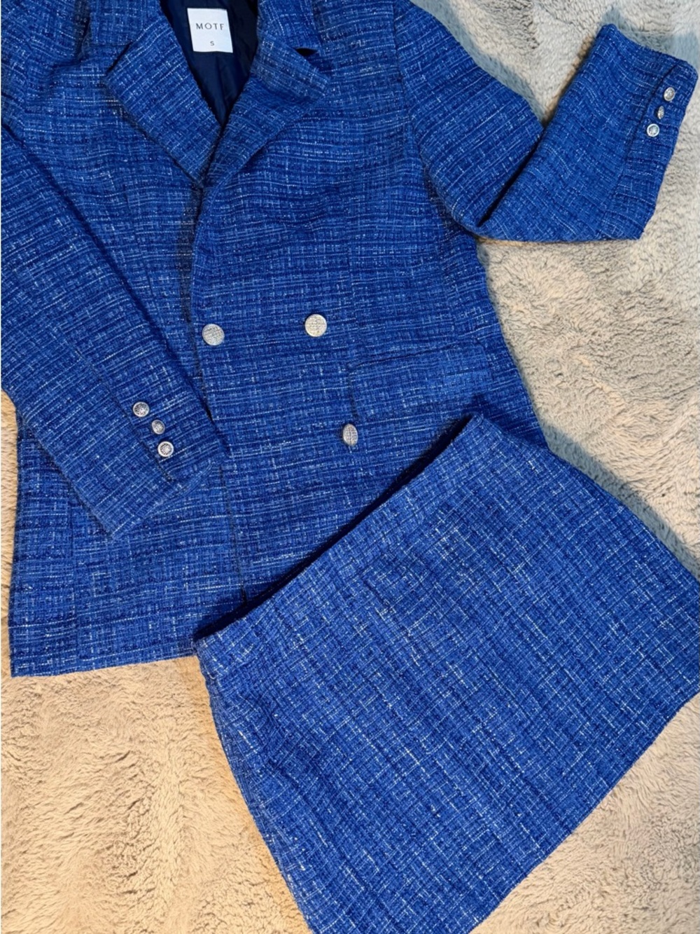 MOTF Royal Blue Tweed Double-Breasted Blazer and Skirt Set
